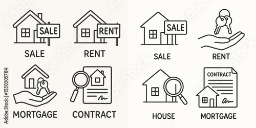 Real Estate Icons Set for Sale, Rent, Mortgage, and Contract Concepts