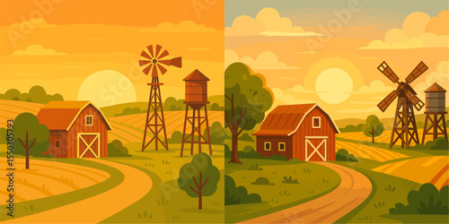 Serene Countryside Landscape with Barns and Windmills at Sunset