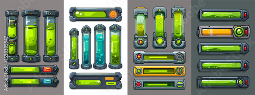 Colorful Sci-Fi Liquid Simulation Tubes and Control Panels for Game Design