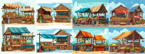 A Collection of Colorful Vector Fruit and Vegetable Market Stalls