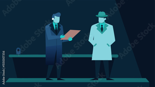 Detective A and B Two detectives stand side by side in a dimly lit morgue one holding a notepad while the other points at the body on the table deep in discussion.