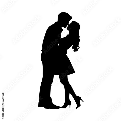 Silhouette of a romantic couple kissing, standing close in an intimate embrace. The woman wears heels and a dress, while the man is in casual attire. Black vector on white.

