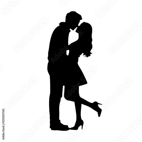 Silhouette of a romantic couple kissing, standing close in an intimate embrace. The woman wears heels and a dress, while the man is in casual attire. Black vector on white.

