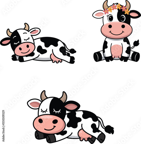 Cartoon Cow vector set | Cute Cow Clipart for Farm, Dairy, Kids Design