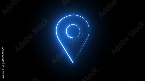 Abstract location glowing neon icon fast tracking map pin icon animation on black background.