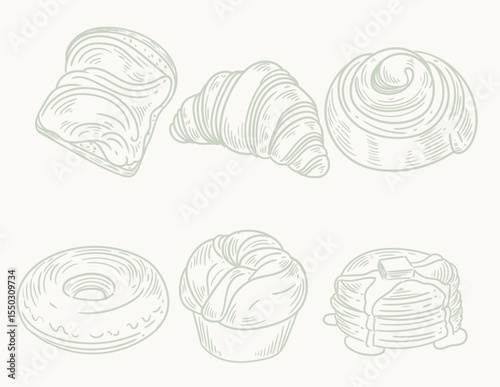 Set of hand-drawn illustrations of bakery bread, a croissant, a pancake, a pancake, a donut, and a cinnamon roll. Original bakery or cafe drawings.