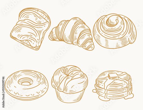 Set of hand-drawn illustrations of bakery bread, a croissant, a pancake, a pancake, a donut, and a cinnamon roll. Original bakery or cafe drawings.