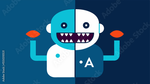 one side smiling and providing services support while the other menacingly displays fangs of code representing the dual nature of AI in cybersecurity.