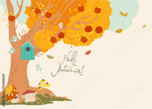 Cartoon Autumn Park with Apple Harvest