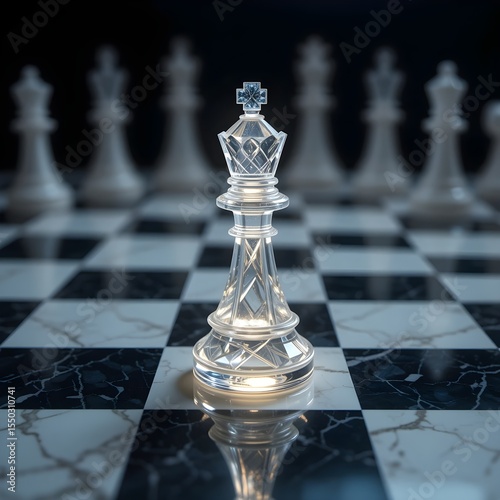 The Strategist's Gambit: A hyper-realistic marble chessboard, where a single, luminous crystal king piece stands alone in the center, representing decisive action, foresight, and ultimate strategic co