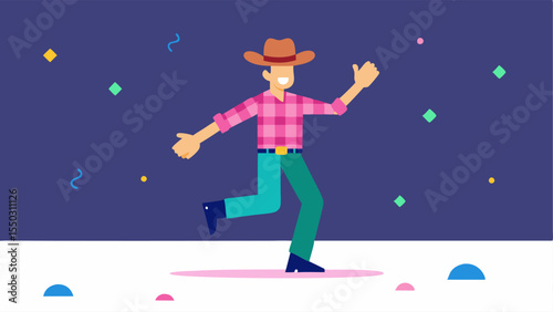 BootScootin in Style An illustrated cowboy in a classic plaid shirt and denim jeans is captured midmotion as he kicks up dust or rather confetti on the dance floor. Neon signs