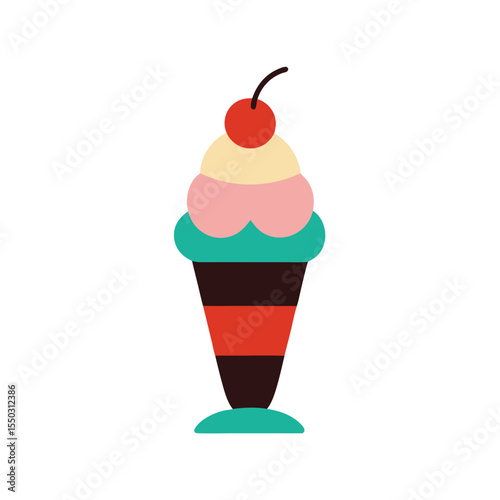 Ice cream sundae topped with bright cherry Vector illustration