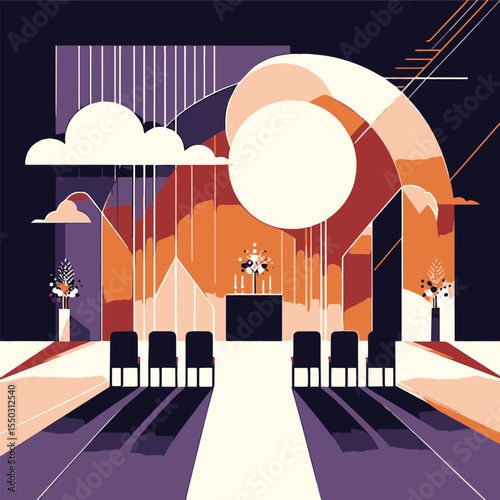 Abstract wedding ceremony scene with colorful geometric shapes