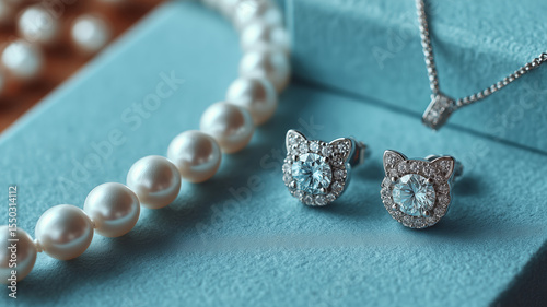 Elegant white pearl necklace paired with exquisite stud earrings on display