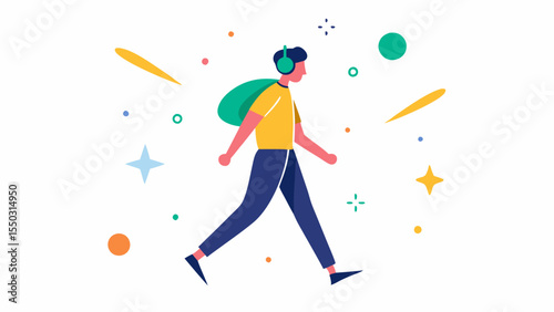 Detachment Amidst Chaos A person illustrated in a relaxed stance with headphones on is seen ambling away from a fantastical explosion featuring whimsical elements like stars and