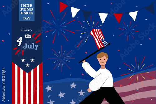 4th of July Celebration with Fireworks and American Flag