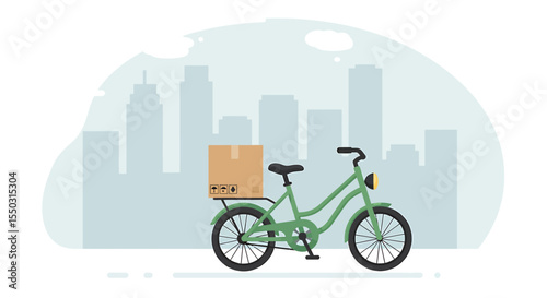 A light-green bicycle with a cardboard box on its carrier, parked in front of a city skyline.