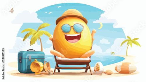 Happy Egg Yolk Mascot Enjoying Vacation in Flat Vector Illustration