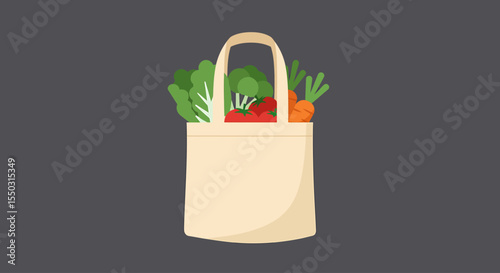 Beige reusable shopping bag filled with fresh produce like carrots, tomatoes, and leafy greens.