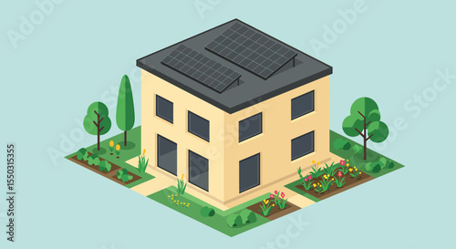 Isometric view of a modern house with solar panels and garden.