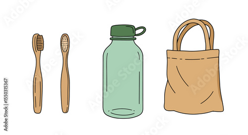 Illustration showcasing eco-friendly alternatives including a toothbrush, water bottle, and tote bag.