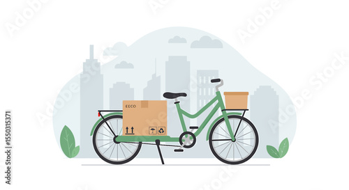 A green cargo bicycle with a cardboard box on the back, in front of a city skyline.