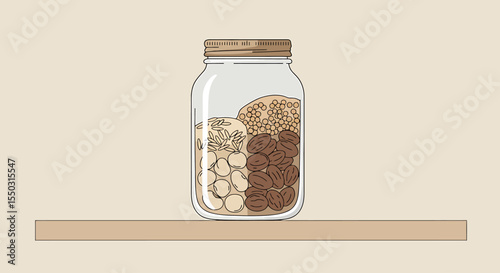 A clear jar filled with layers of various nuts and seeds, sitting on a shelf.
