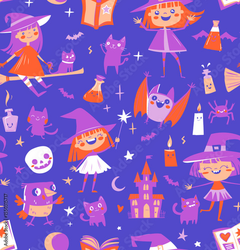 Cute Seamless Halloween Pattern with Witches, Cats, and Potions Purple Cartoon Doodle Style