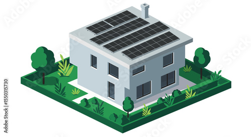 Isometric illustration of a modern house with solar panels on the roof surrounded by green bushes and trees.