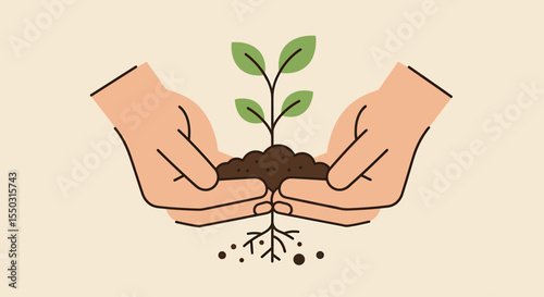 Hands gently holding a small plant with soil and roots, against a light background.