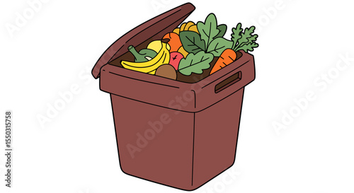 A brown compost bin, partially open, filled with food scraps and plant matter, against a white background.