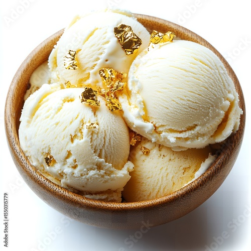 Delicious Vanilla Ice Cream Scoops in Wooden Bowl with Edible Gold Flakes