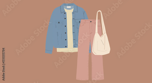 Outfit laid out: a denim jacket, t-shirt, pink pants, and a tote bag on a brown background.