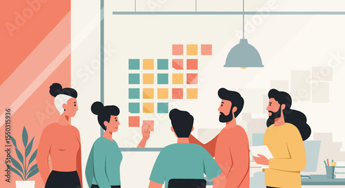 A group of diverse colleagues collaborating around a whiteboard with sticky notes during a brainstorming session in a modern office.