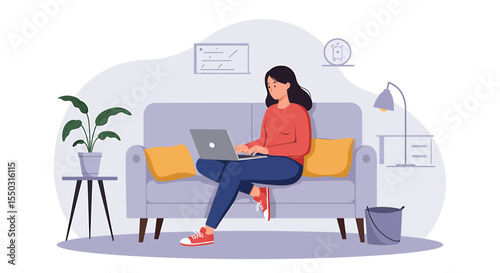 Woman Working From Home Comfortable Remote Work Setup on Cozy Sofa with Laptop