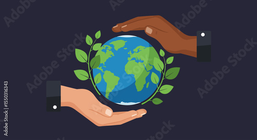 Two hands, one dark and one light, cradle the Earth, surrounded by leaves.