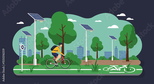 A cyclist rides through a park with solar-powered streetlights and trees.