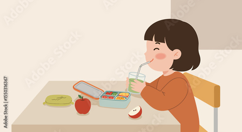 A young child enjoys a healthy lunch, drinking juice and smiling brightly.