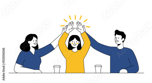 Three people celebrating success by giving each other a high five.