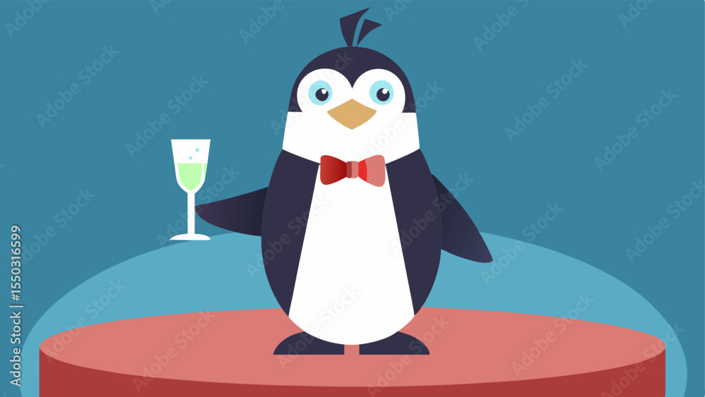 Dapper Pose A suave penguin perched on a circular table covered with a luxurious tablecloth. It adjusts its bow tie with one flipper while balancing a glass of champagne in the
