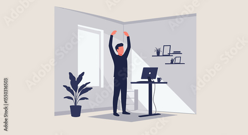 Man stretching near standing desk with laptop in a bright, minimalist room with a potted plant.