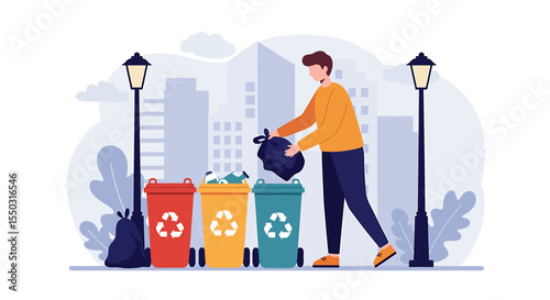 Man throws garbage bag into recycling bin, with colorful containers and city buildings in the background.