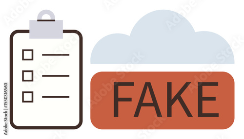 Clipboard with checklist alongside cloud graphic containing FAKE text. Ideal for misinformation, verification, warning concepts, cybersecurity, document authenticity, data analysis, and online
