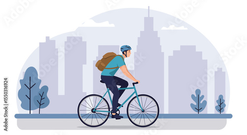 Man rides a bicycle in a city with skyscrapers and trees, wearing a helmet and backpack.