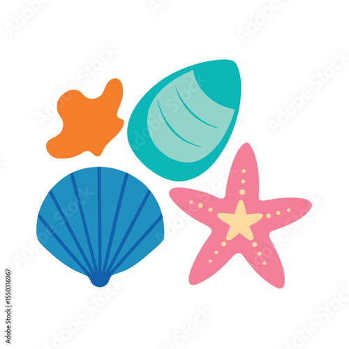 Seashell and starfish lying close together Vector illustration