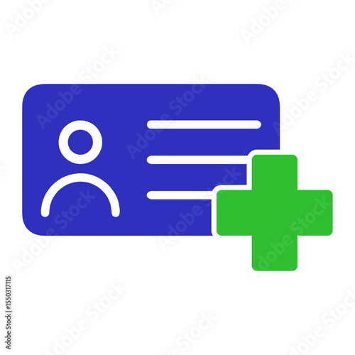 icon of an identification card with a plus sign, symbolizing new user registration, account creation, or adding a member. Flat minimal style.