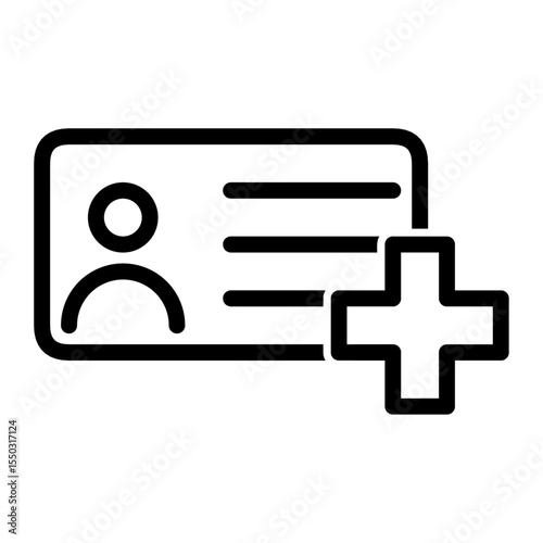 icon of an identification card with a plus sign, symbolizing new user registration, account creation, or adding a member. Flat minimal style.