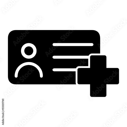 icon of an identification card with a plus sign, symbolizing new user registration, account creation, or adding a member. Flat minimal style.