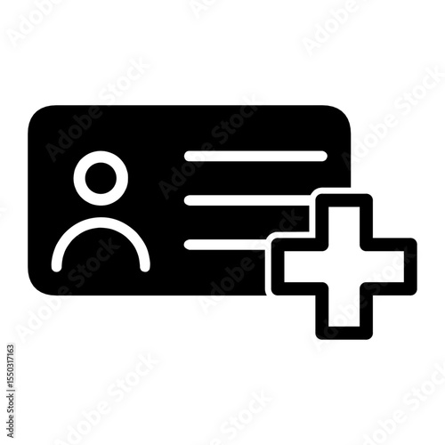 icon of an identification card with a plus sign, symbolizing new user registration, account creation, or adding a member. Flat minimal style.