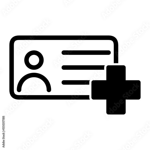 icon of an identification card with a plus sign, symbolizing new user registration, account creation, or adding a member. Flat minimal style.